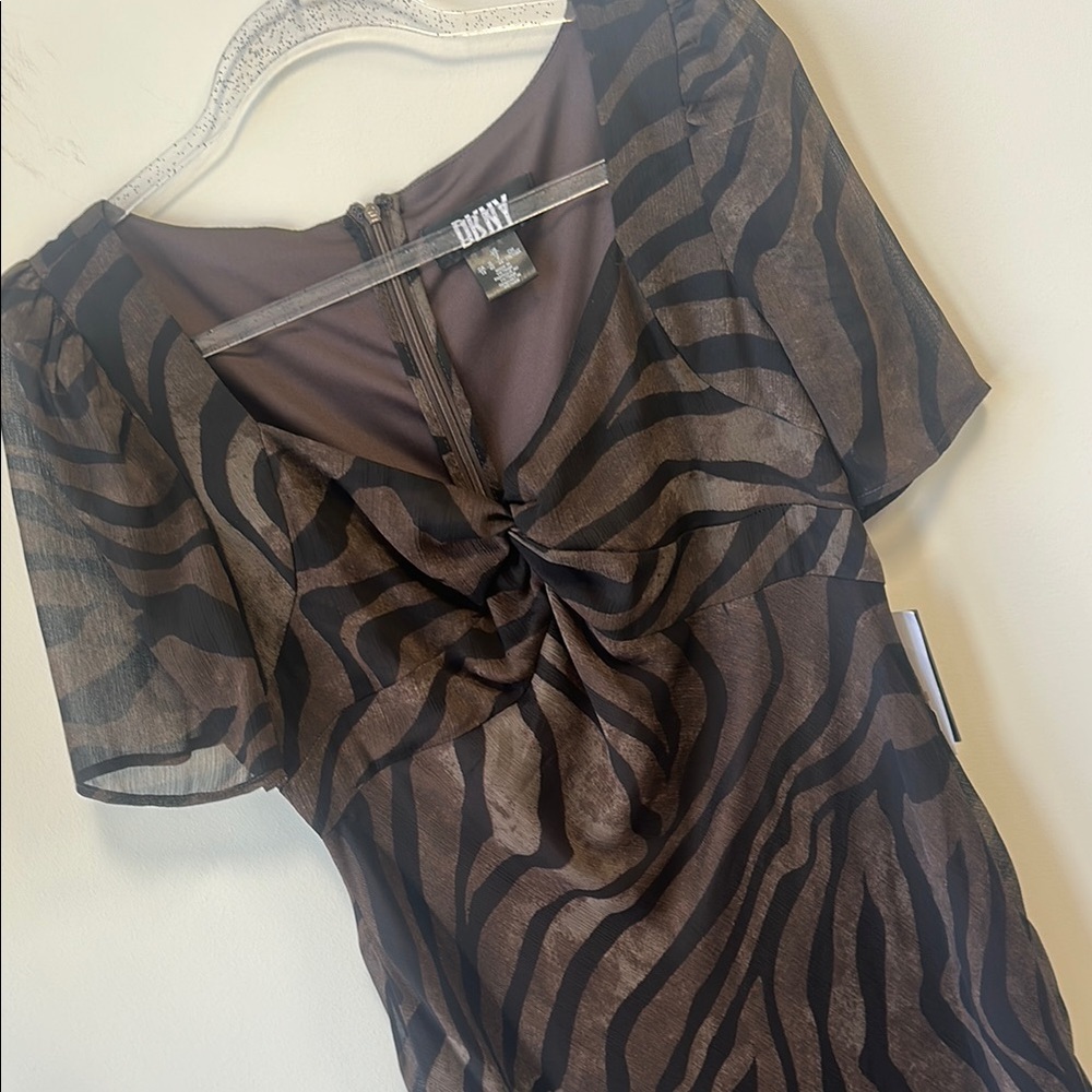 DKNY Sz 12 Animal Print Sheath Midi Dress with Flutter Sleeves • NWT! - Picture 1 of 12